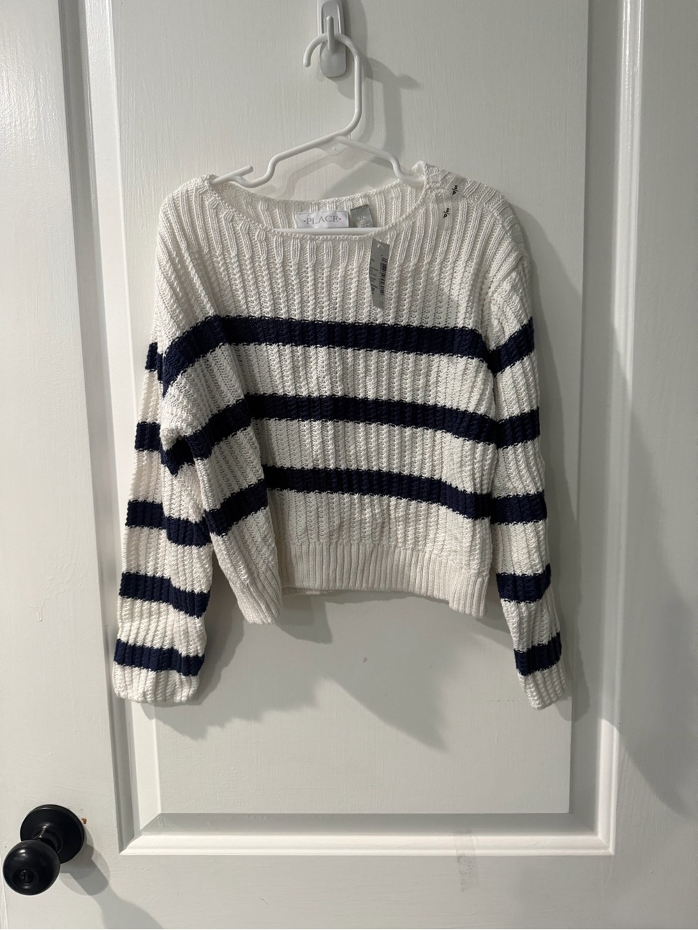 Girls Striped Crewneck Sweater - White & Navy